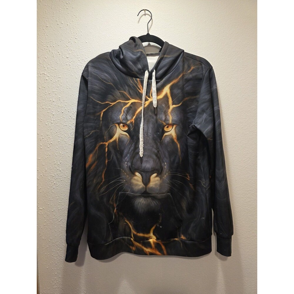 Lion Hoodie 3D Graphic Pullover Size M Sweatshirt Kangaroo Pocket Edgy Emo Goth